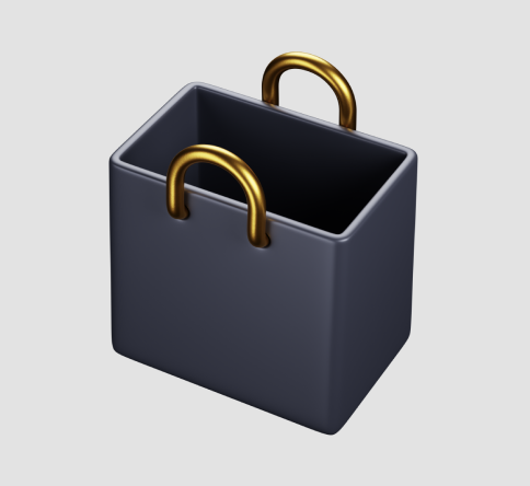 3D-ikon av en mörk shoppingpåse med guldfärgade handtag.