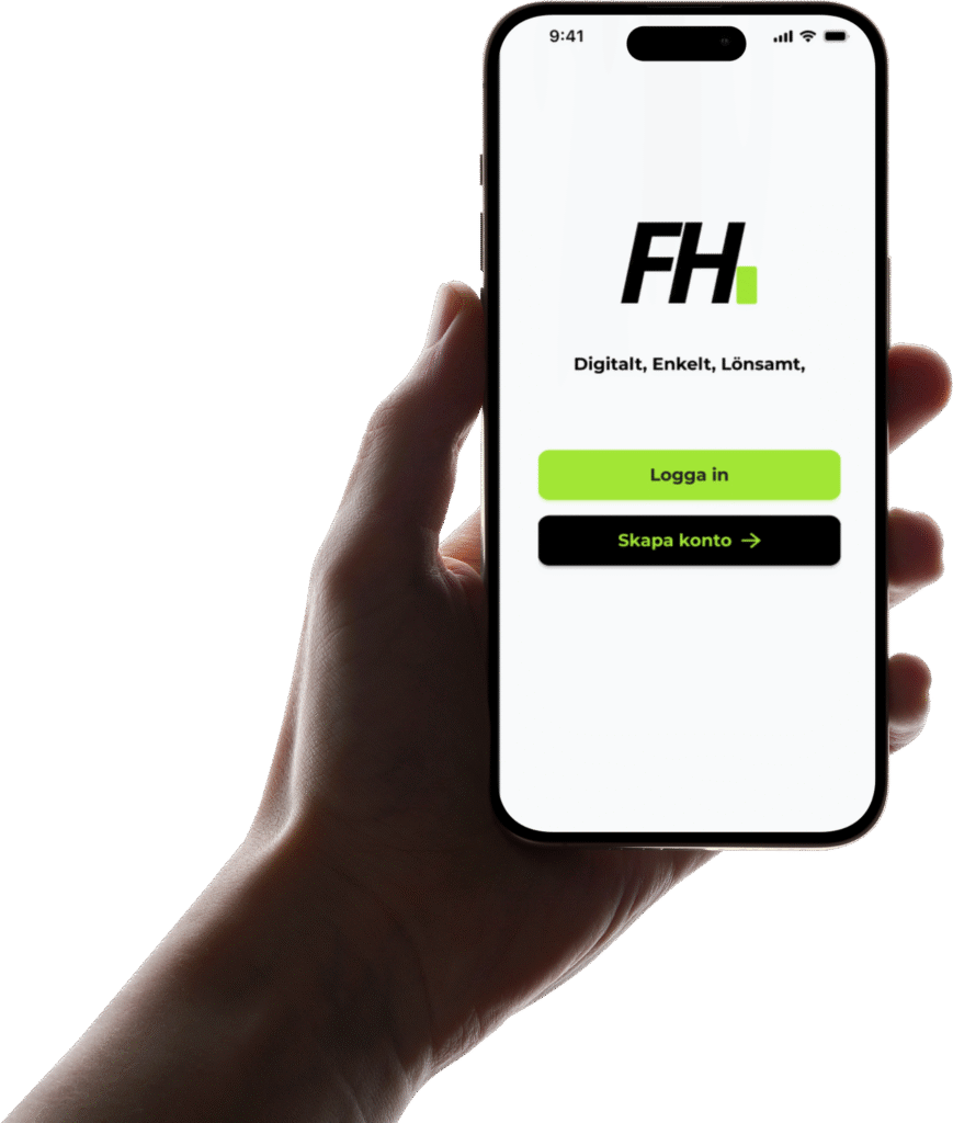 Hand håller mobil med Föreningshäftets inloggningssida.