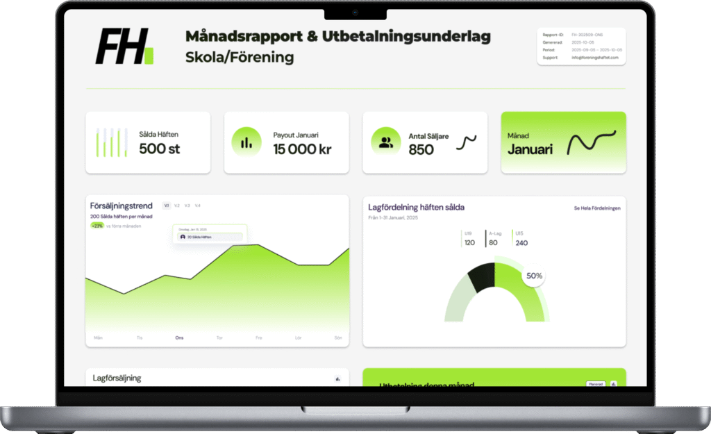 Macbook som visar Föreningshäftets månadsrapport och utbetalningsstatistik för skolor och föreningar.