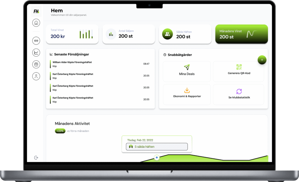 Laptopvy av Föreningshäftets adminpanel med senaste försäljningar, statistik och snabbåtgärder.